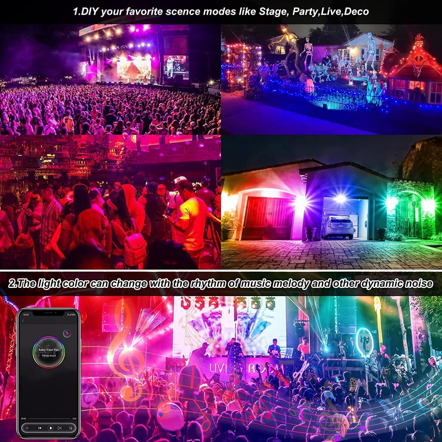 T-SUNUS RGB LED Outdoor Spotlight, 100 W RGB Spotlight, Outdoor WiFi with Bluetooth App Control, IP66 Waterproof, Smart LED Spotlight Floodlight for Party, Bar, Halloween, Christmas Decoration