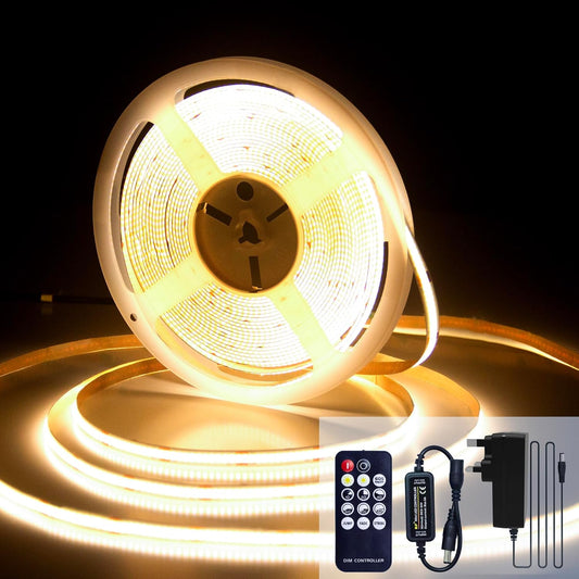 COB LED Strip 10M, 3000K Warm White LED Strips, 24V Dimmable LED Strip Lights, CRI92+,8mm Width, with Remote Control and Power Supply,for Living Room, Kitchen, Mirror