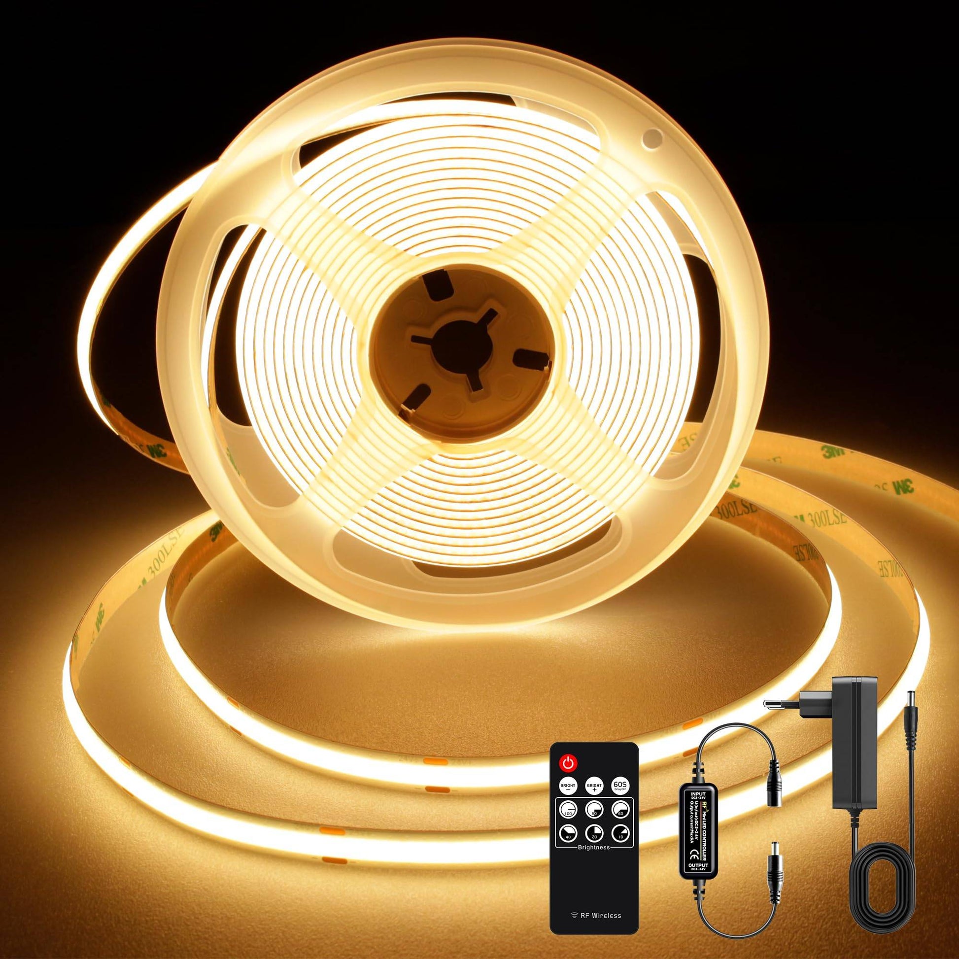 TTWAY COB LED Streifen Kaltweiß 6000K, 5M Dimmbares Flexibles 24V COB LED Streifen Licht set, 480 LEDs/M, GS Netzteil, mit RF Fernbedienung, CRI90+ helles Unterbaulicht für Fernseher, DIY Dekoration