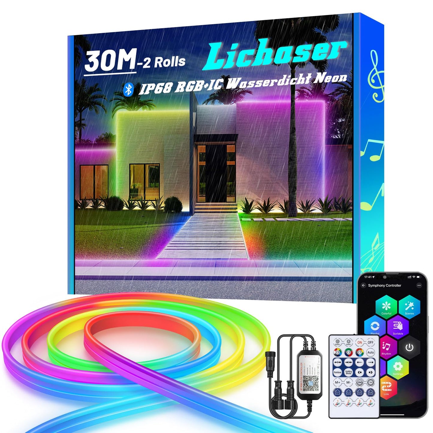 Banda LED neon flexibila Lichaser 30M RGB+IC, IP68 impermeabila, Bluetooth, control prin aplicatie si telecomanda 2.4G, silicon flexibil pentru pavilion, petreceri, camere (15M*2)