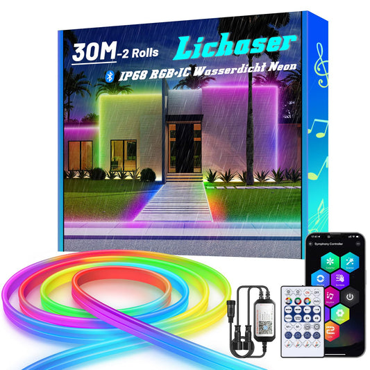 Banda LED neon flexibila Lichaser 30M RGB+IC, IP68 impermeabila, Bluetooth, control prin aplicatie si telecomanda 2.4G, silicon flexibil pentru pavilion, petreceri, camere (15M*2)