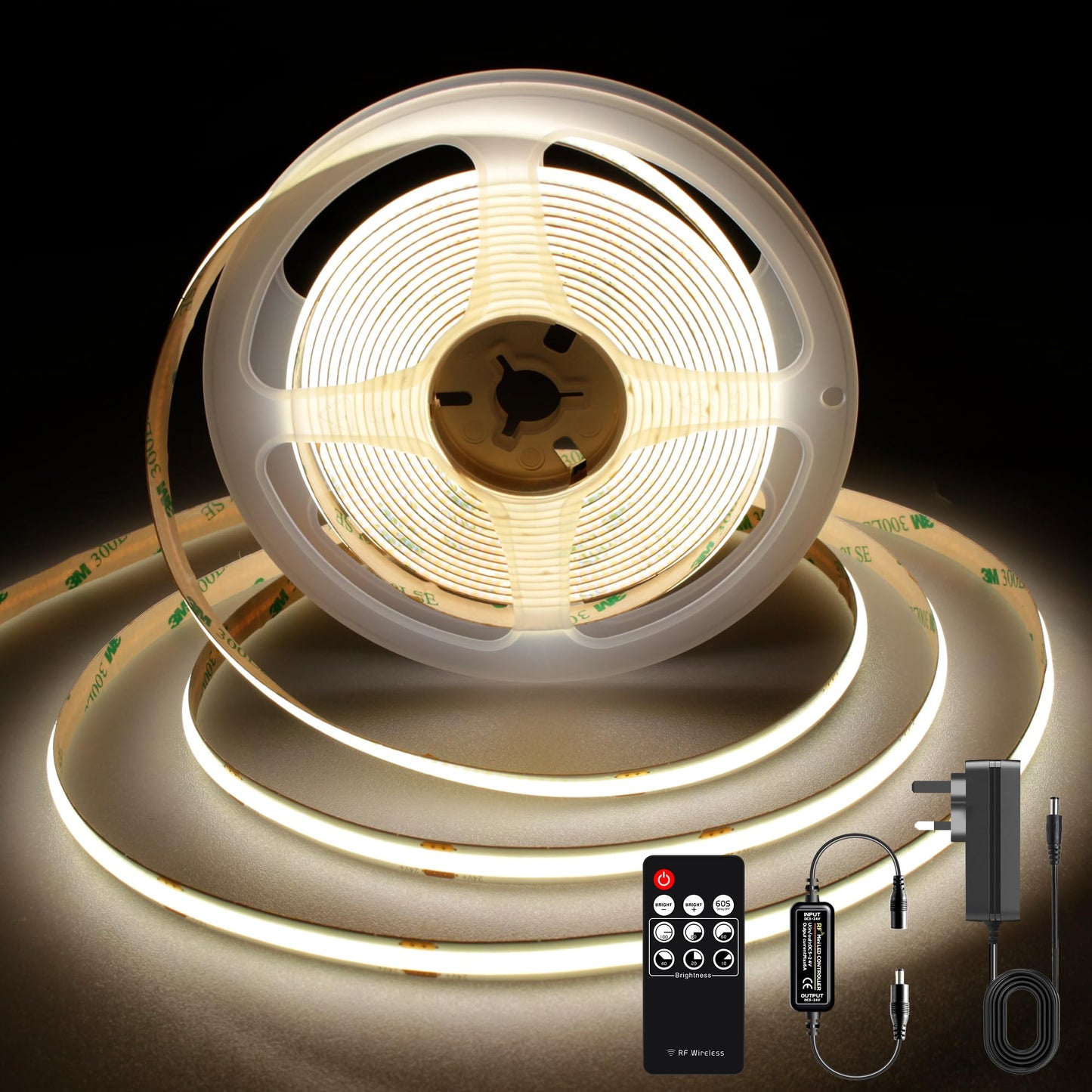 TTWAY COB LED Strip Lights 2700K, Dimmable LED Strip Kit, Super Bright 24V LED Tape Lights CRI90+ with RF Remote and UKCA Power Supply for DIY Home Decoration, 3M, 1440LEDs, Warm White.