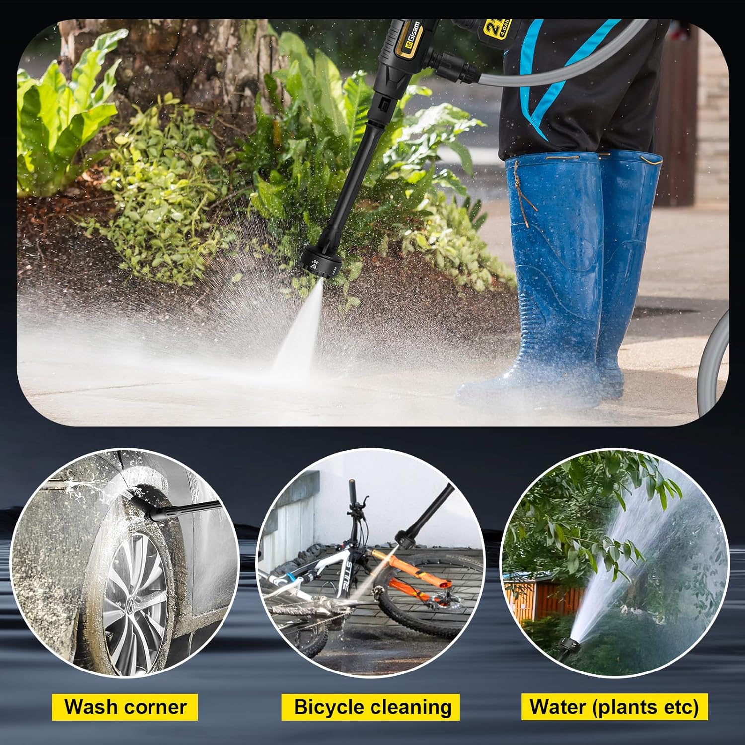 Battery Pressure Washer, Gisam Pressure Washer, Mobile Pressure Washer with 2 x 4.0Ah Batteries, 3-Speed Mode Max 65Bar, 6-in-1 Nozzle, 180° Rotating Nozzle, Foam Sprayer, 5 m Hose, Cleaning