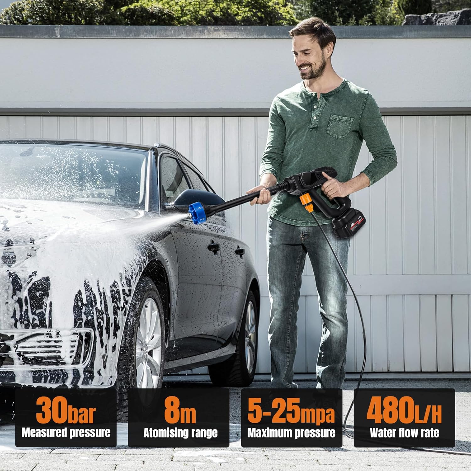 Battery Pressure Washer, 24V Cordless Hand Held Jet Washer 30Bar with 2x1.5 Ah Batteries, 6-in-1 Multi-spray Nozzle, Portable Power Washer Mini Jet Wash for Car, Motorbike, Patio, Window Cleaner