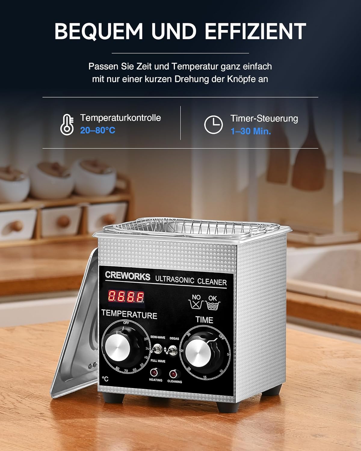 CREWORKS Ultrasonic Cleaning Device Stainless Steel 1.3 L Ultrasonic Cleaner with Heating Timer Ultrasonic Cleaner for Dentures Jewellery Glasses Watches Glasses Ultrasonic Cleaning Device with