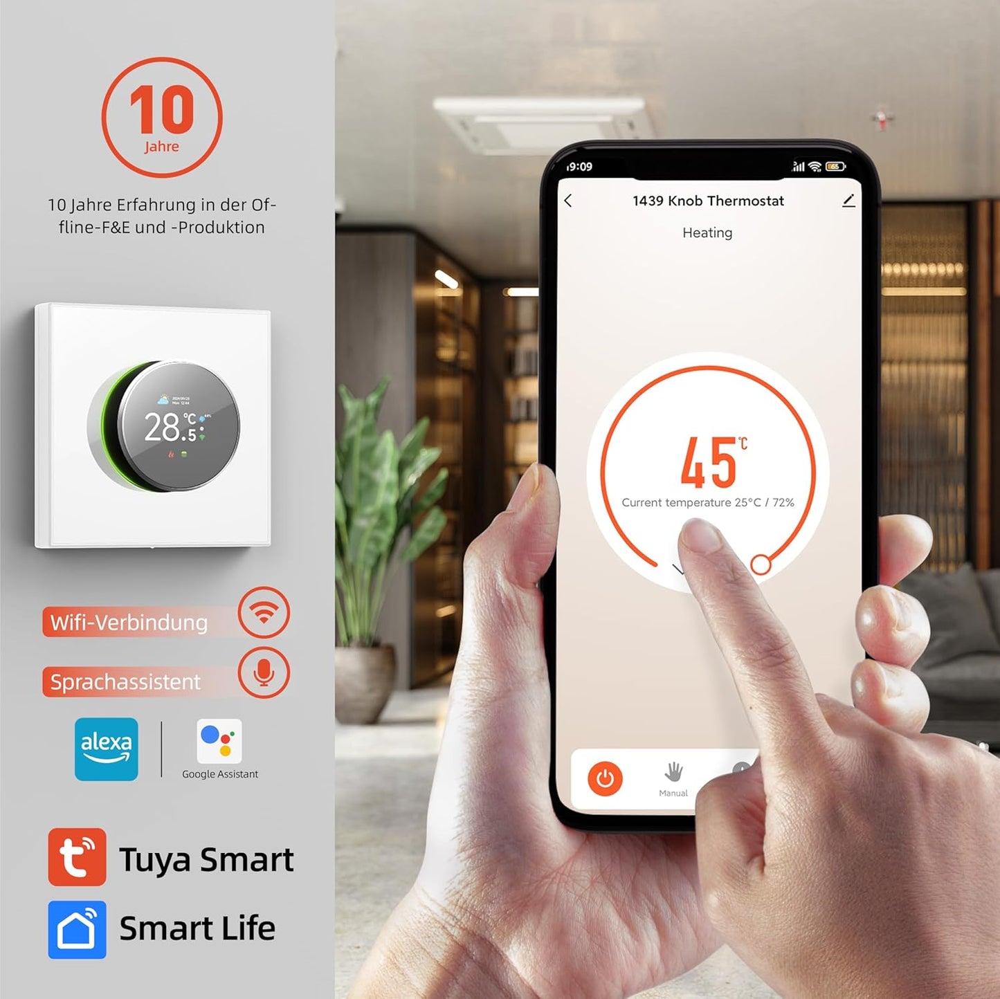 Funspread Smart Thermostat Heating Thermostat - Wall Thermostat WiFi Digital Thermostat with Alexa, Google Home, Tuya, Smart Life App Rotary Switch TFT LCD Monitor 3A White