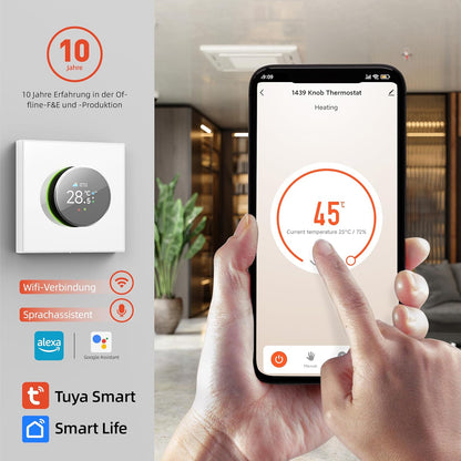 Funspread Smart Thermostat Heating Thermostat - Wall Thermostat WiFi Digital Thermostat with Alexa, Google Home, Tuya, Smart Life App Rotary Switch TFT LCD Monitor 3A White