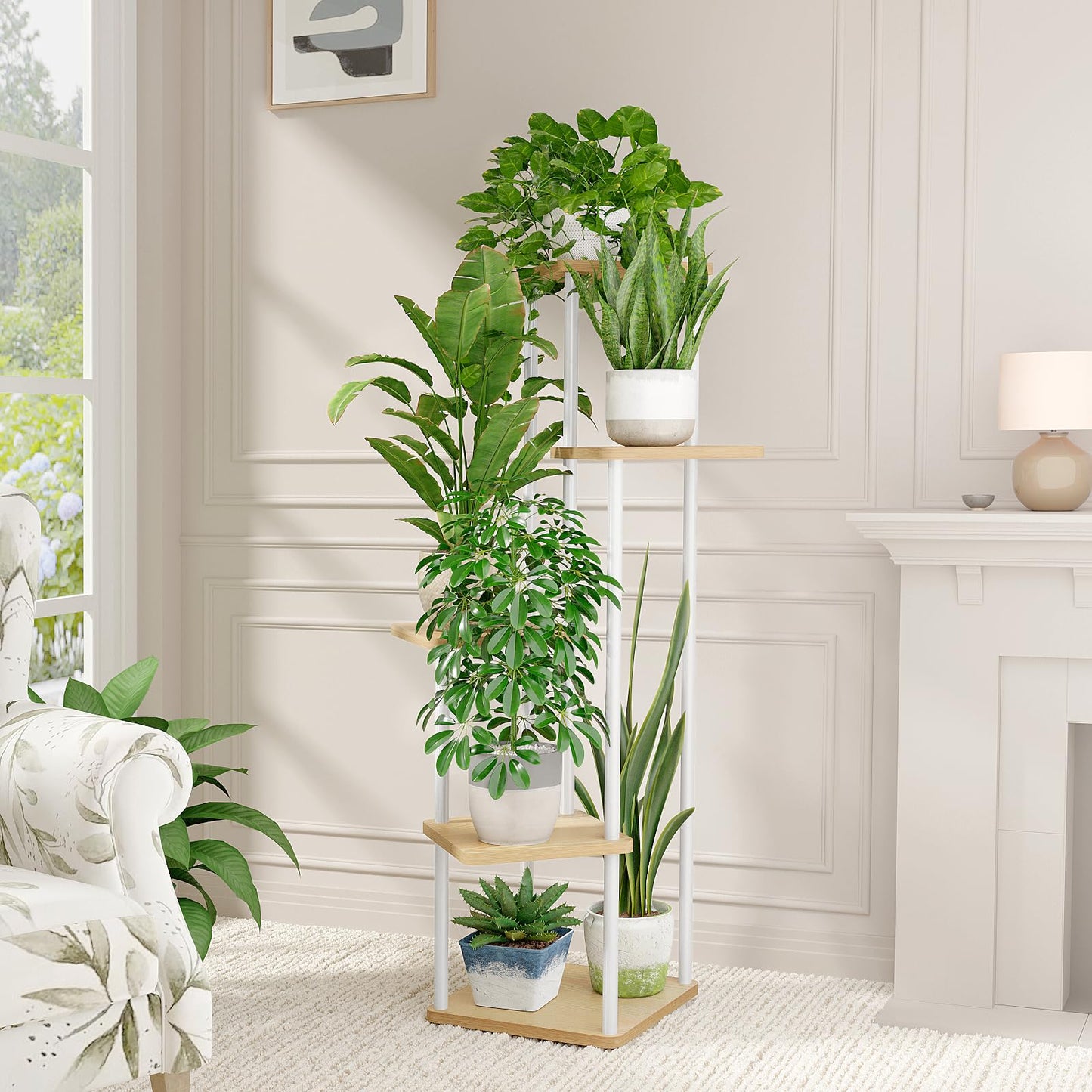 Suport plante Bamworld 5 niveluri alb metal si lemn 106.7 cm