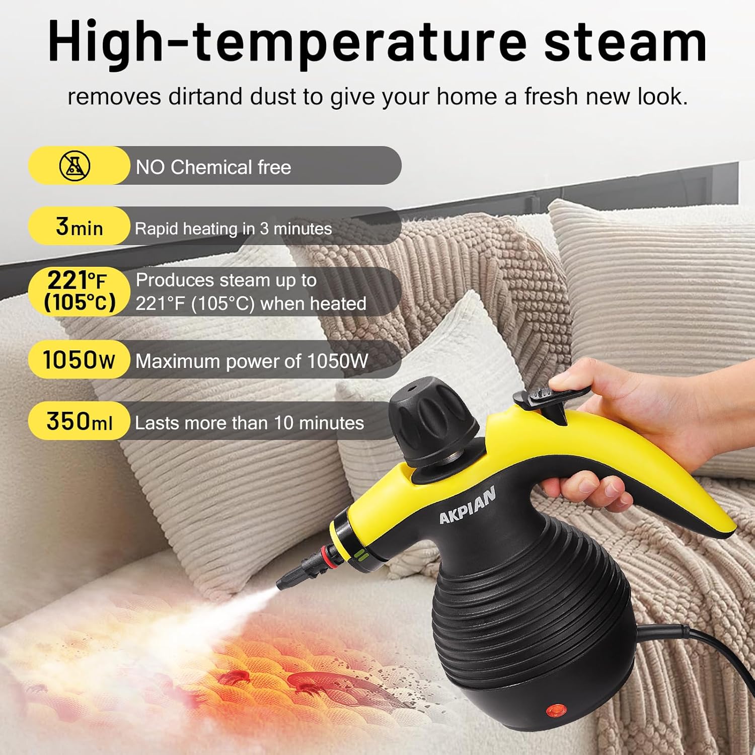 Handheld Steam Cleaner, Steam Cleaner, Cleaning Steamer, Portable Multi-Purpose Steam Cleaner with Safety Lock and 10 Piece Accessory Kit for Removing Dirt, Grease