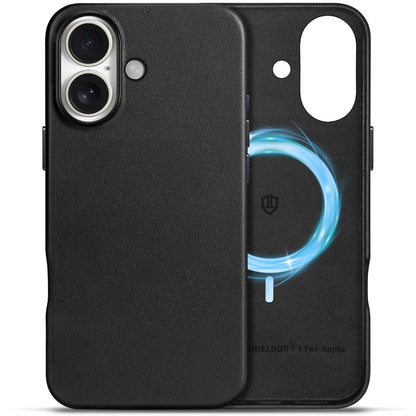 SHIELDON Case for iPhone 16 Pro 6.3" 2024, Genuine Leather, Magnetic Wireless Charging, Slim Fit, Non-Slip, Metal Button, Shockproof Protective Case Compatible with iPhone 16 Pro - Nappa Saddle Brown