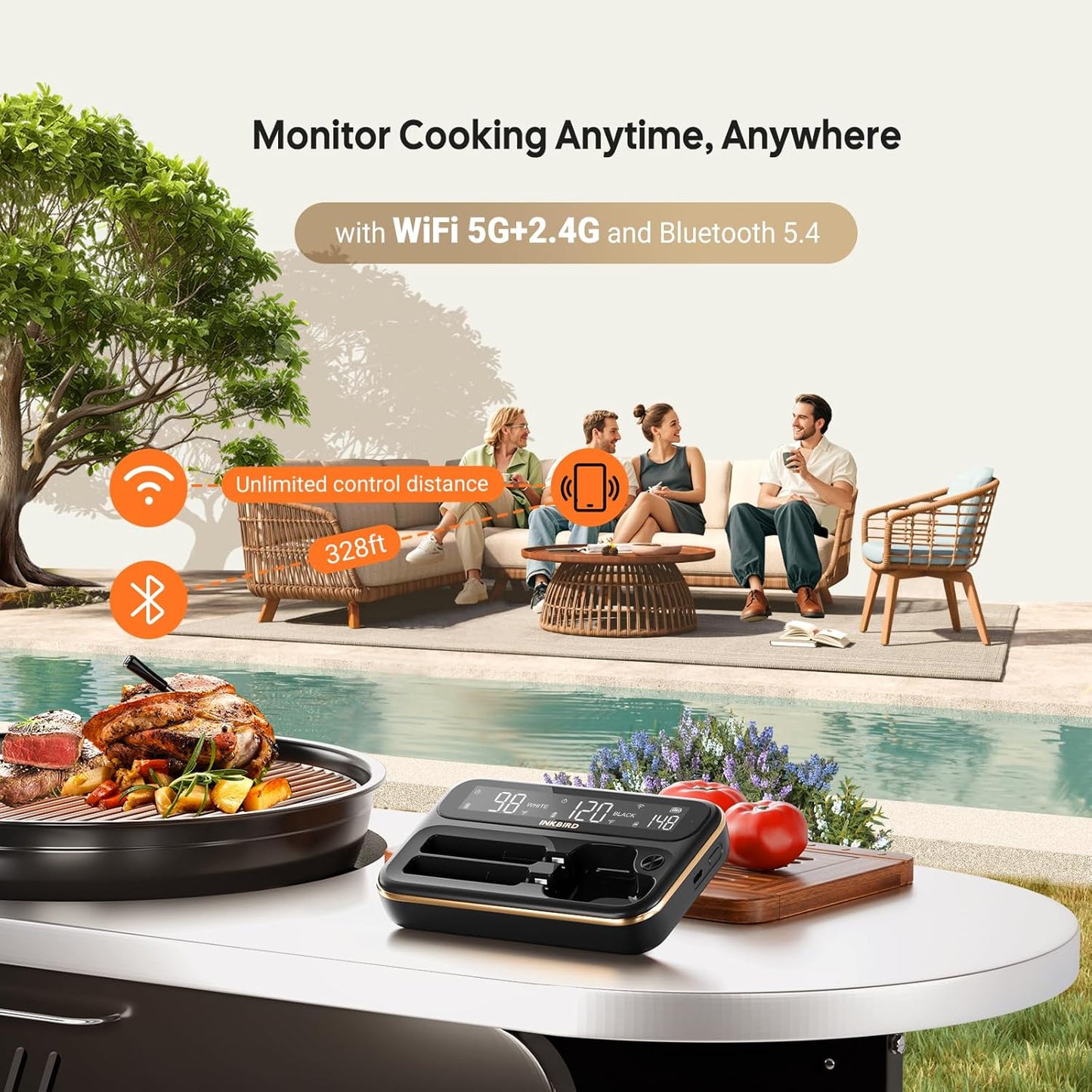 5GHz & 2.4GHz WiFi Wireless Meat Thermometer, Inkbird WiFi & Bluetooth Thermometer with 2 Size-Coded Probes and Unlimited Range,Bluetooth 5.4 Meat Thermometer with 360° Readable LCD-Enhanced Booster