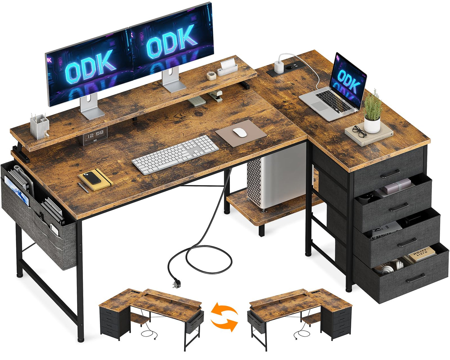 Birou colt reversibil L 160x80 cu 4 sertare ODK, USB si raft monitor