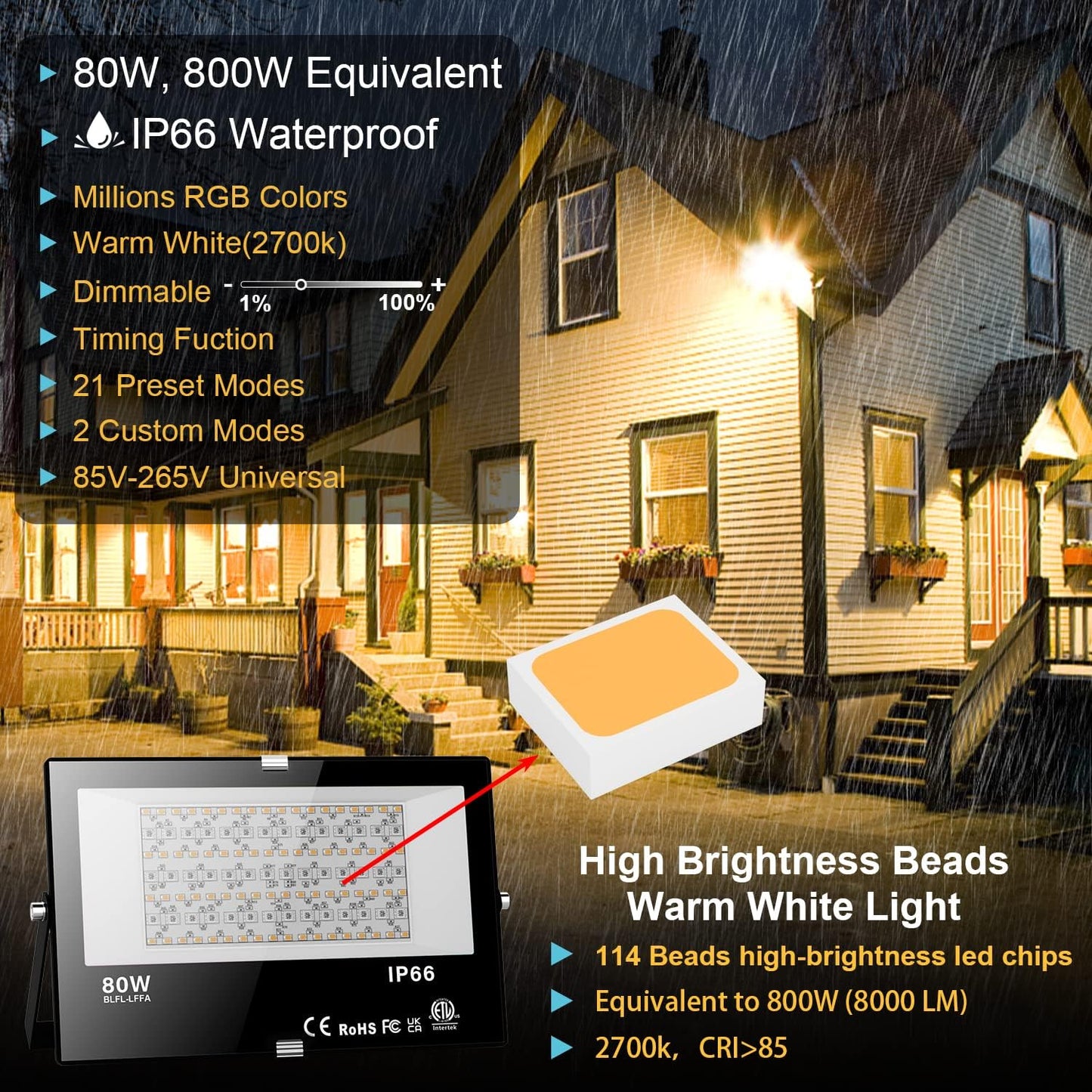 RGB LED Spotlight Outdoor 80 W Bluetooth App Control Floodlight Outdoor 2700 K & Million Colours Dimmable Smart Floodlight IP66 Waterproof Outdoor Floodlight Garden Mood Lights 1