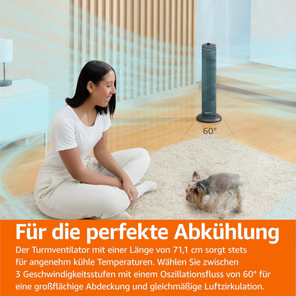 Ventilator turn Amazon Basics oscilant, 3 viteze, 35 W, negru mat