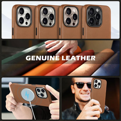 SHIELDON Case for iPhone 16 Pro 6.3" 2024, Genuine Leather, Magnetic Wireless Charging, Slim Fit, Non-Slip, Metal Button, Shockproof Protective Case Compatible with iPhone 16 Pro - Nappa Saddle Brown