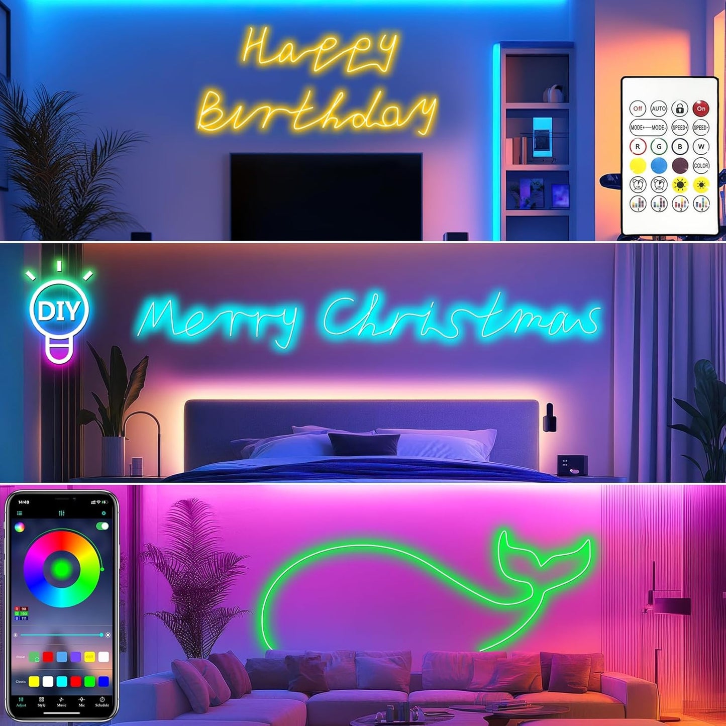Cozylady RGB Neon LED Strip Light, with Remote Control, App Control, Waterproof Flexible RGB Strips, 24 V LED Neon Strip for Bedroom, Home Interior Decoration (10 M/30 Feet)