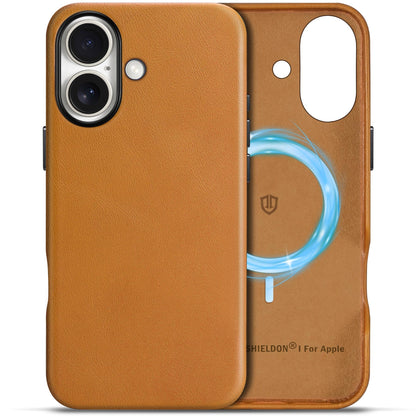 SHIELDON Case for iPhone 16 Pro 6.3" 2024, Genuine Leather, Magnetic Wireless Charging, Slim Fit, Non-Slip, Metal Button, Shockproof Protective Case Compatible with iPhone 16 Pro - Nappa Saddle Brown