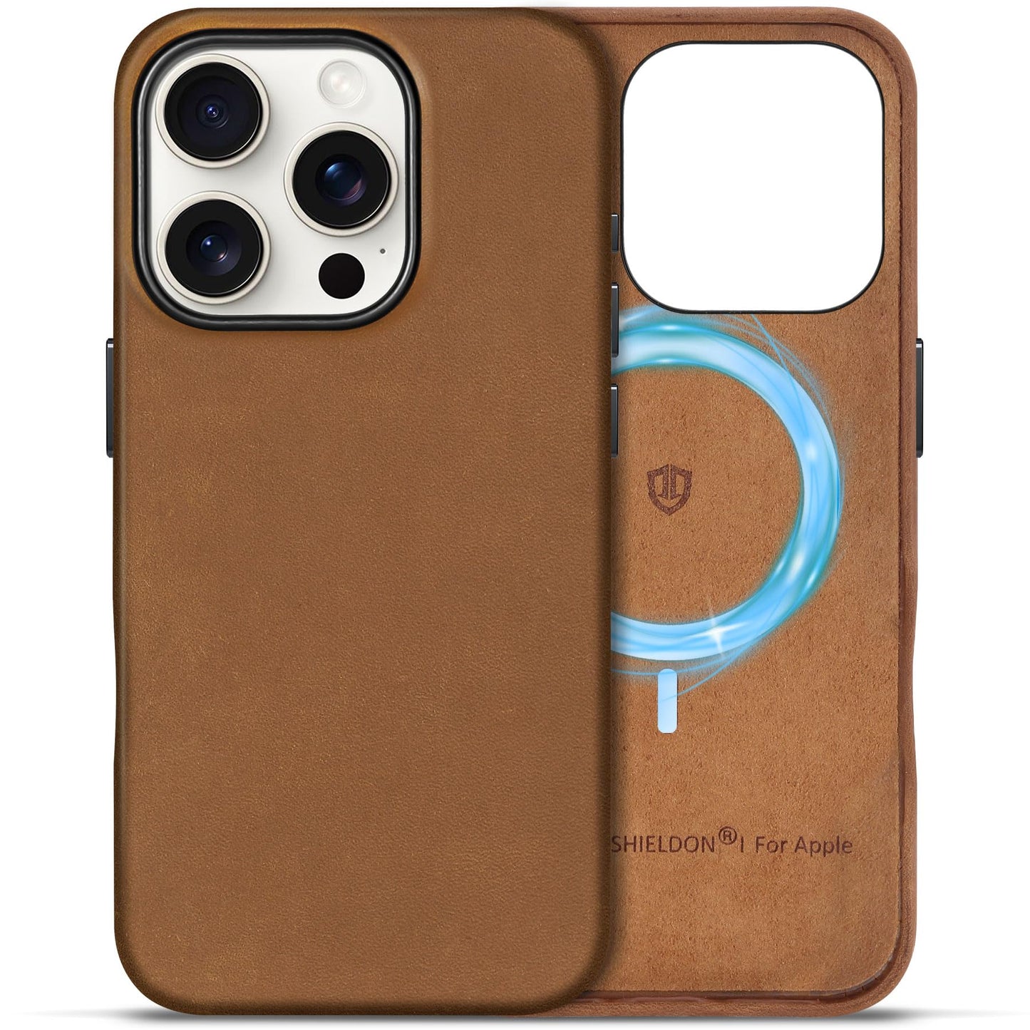 SHIELDON Case for iPhone 16 Pro 6.3" 2024, Genuine Leather, Magnetic Wireless Charging, Slim Fit, Non-Slip, Metal Button, Shockproof Protective Case Compatible with iPhone 16 Pro - Nappa Saddle Brown