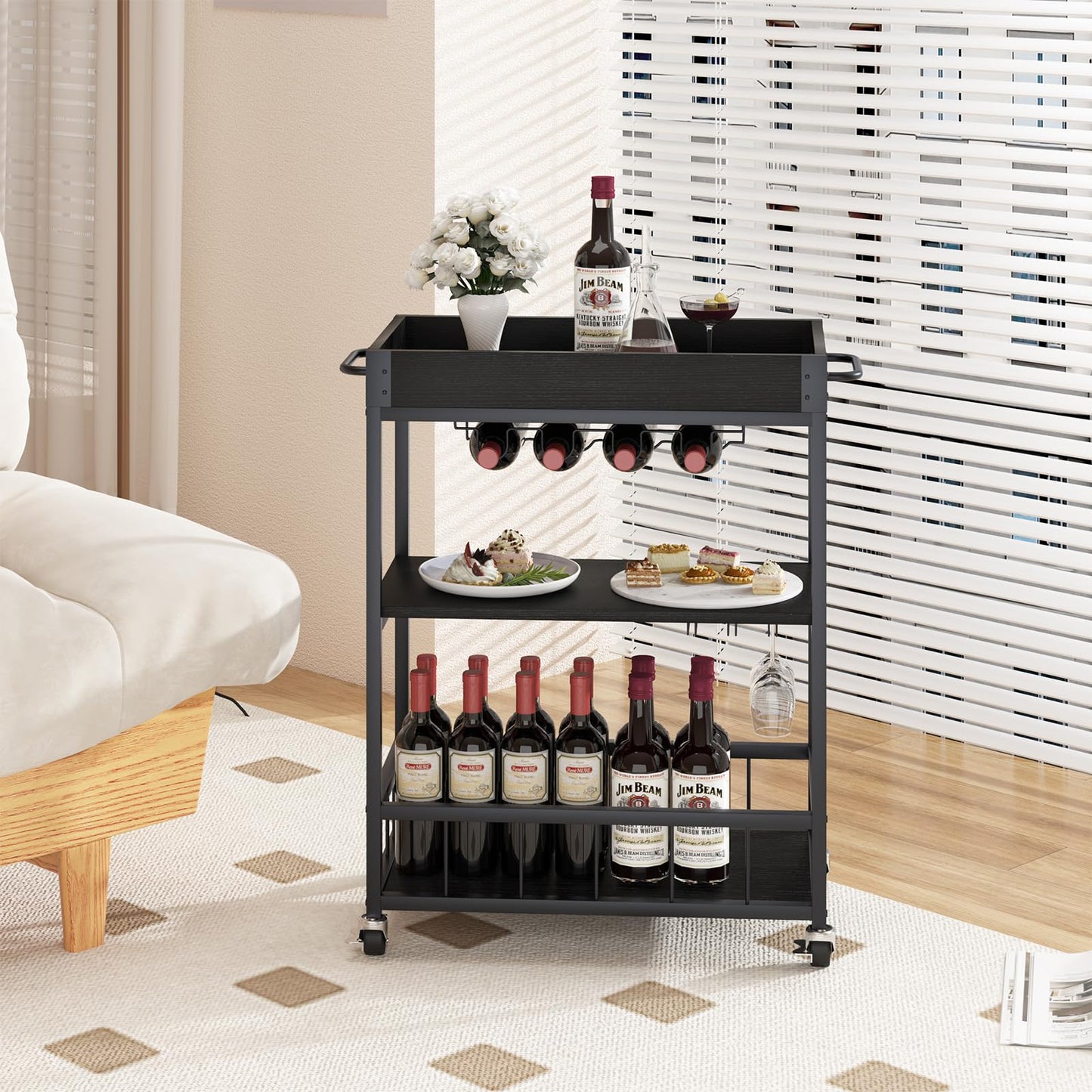 Carucior servire Huhote elegant 3 rafturi, suport sticle, negru