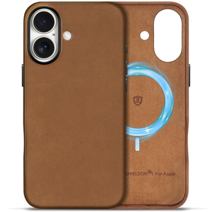 SHIELDON Case for iPhone 16 Pro 6.3" 2024, Genuine Leather, Magnetic Wireless Charging, Slim Fit, Non-Slip, Metal Button, Shockproof Protective Case Compatible with iPhone 16 Pro - Nappa Saddle Brown