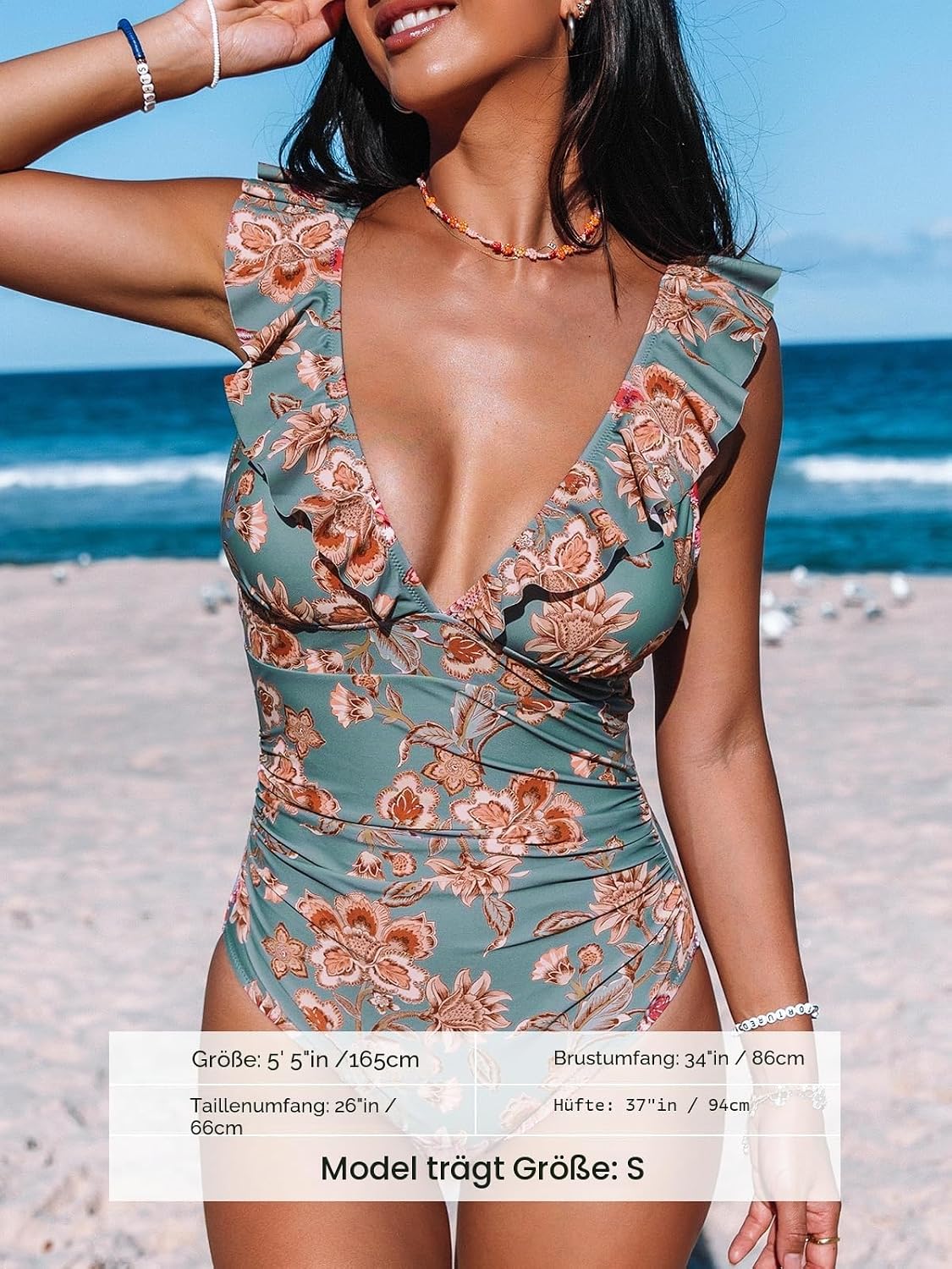 Costum de baie monokini CUPSHE cu decolteu in V si volane, control al abdomenului, marimea M, model floral verde/rosu