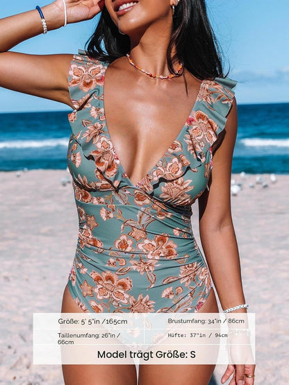 Costum de baie monokini CUPSHE cu decolteu in V si volane, control al abdomenului, marimea M, model floral verde/rosu