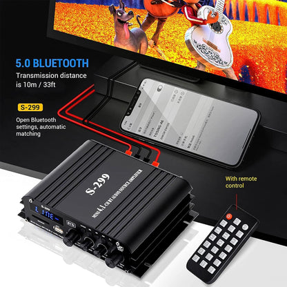 4.1 Channel Bluetooth Power Amplifier with Active Subwoofer Output, 40Wx4 Subwoofer Amplifier, Integrated HiFi Mini Amplifier Speaker, S-299 5.0 Bluetooth Amplifier with Remote Control