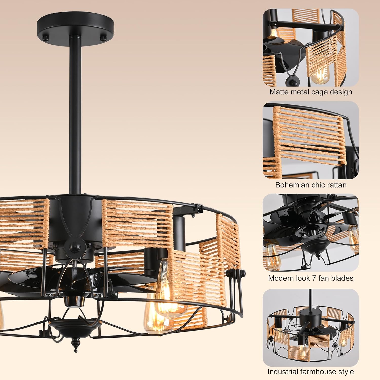 Ganeed Ceiling Fans with Lights Industrial Style Farmhouse 49cm Chandeliers Boho Rattan Caged Lamp Hanging Pendant E27 with Remote Control Black 4 Lights