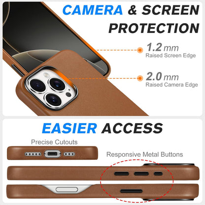 SHIELDON Case for iPhone 16 Pro 6.3" 2024, Genuine Leather, Magnetic Wireless Charging, Slim Fit, Non-Slip, Metal Button, Shockproof Protective Case Compatible with iPhone 16 Pro - Nappa Saddle Brown
