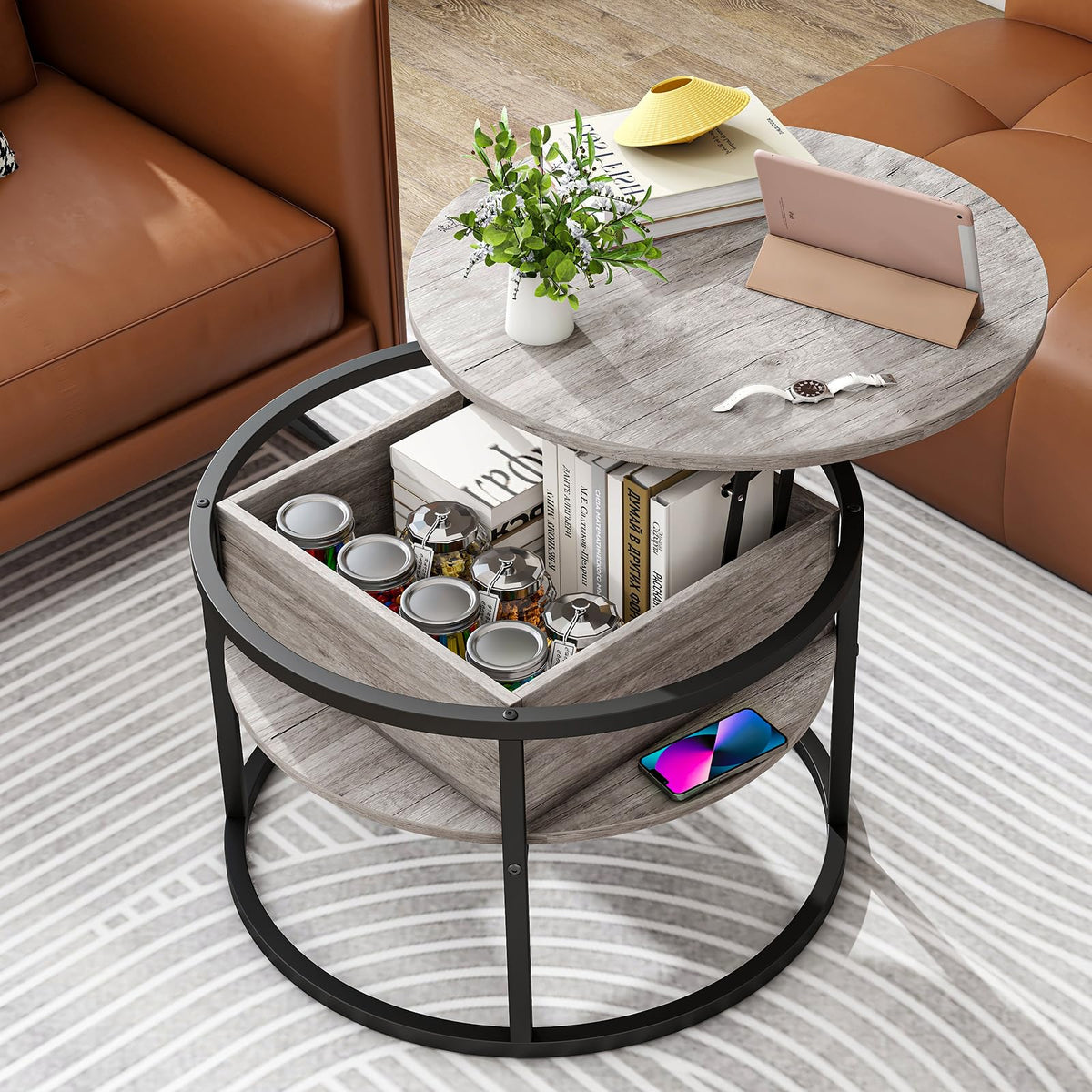 Masa cafea HOJINLINERO rotunda reglabila cu spatiu de depozitare