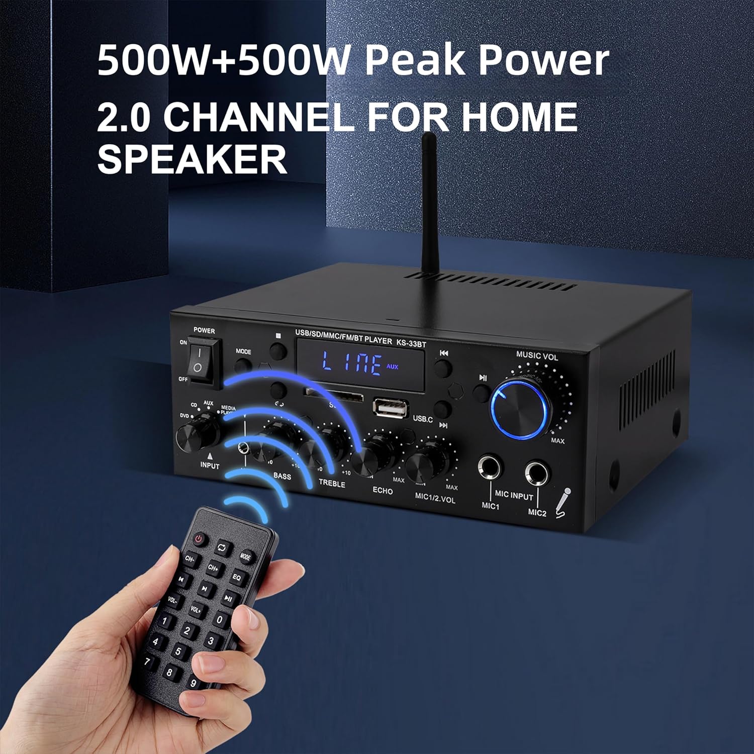 Mini Amplifier 60 W + 60 W Digital Power Amplifier Bluetooth Stereo Home Car Audio Amplifier USB SD FM MIC HiFi Digital Amplifier 12 V/230 V Mini 2CH 2 Channel I Mini Power Amplifier LCD Display