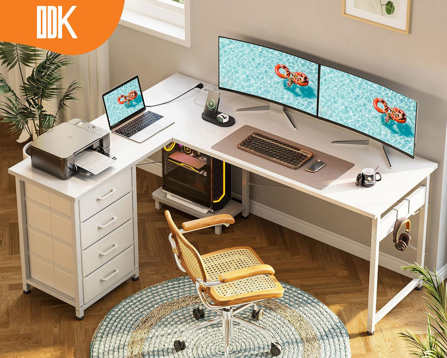 Birou ODK Corner Desk 135x100 cm cu 4 sertare si prize USB
