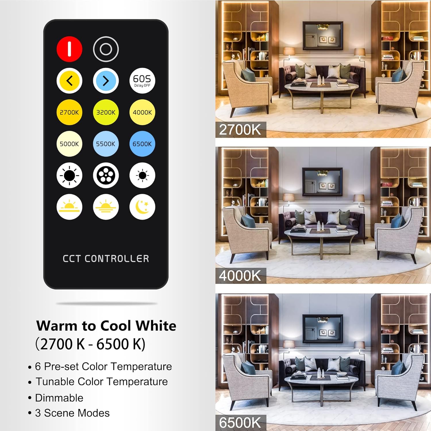 TTWAY CCT COB LED Strip Light 5M Dimmable Kit, Tunable White LED Strip Light 2700-6500K, 24V Strip Lights with RF Control & UKCA Adapter CRI90+, Ultra Bright Dual White LED Strip for Kitchen, Bedroom