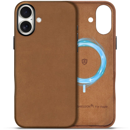 SHIELDON Case for iPhone 16 Pro 6.3" 2024, Genuine Leather, Magnetic Wireless Charging, Slim Fit, Non-Slip, Metal Button, Shockproof Protective Case Compatible with iPhone 16 Pro - Nappa Saddle Brown