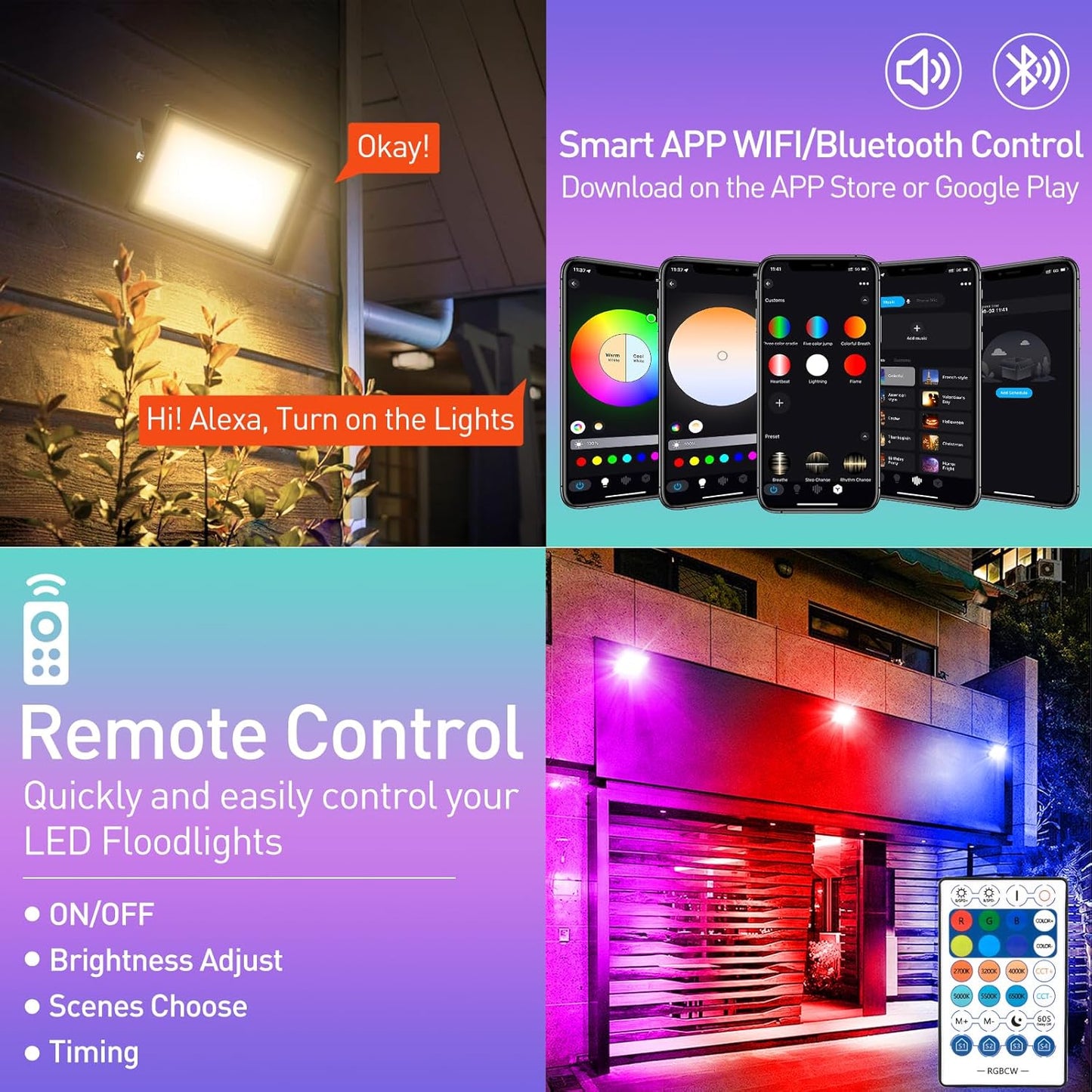 T-SUNUS RGB LED Outdoor Spotlight, 100 W RGB Spotlight, Outdoor WiFi with Bluetooth App Control, IP66 Waterproof, Smart LED Spotlight Floodlight for Party, Bar, Halloween, Christmas Decoration