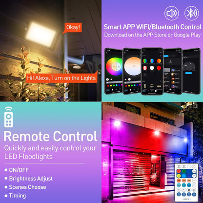 T-SUNUS RGB LED Outdoor Spotlight, 100 W RGB Spotlight, Outdoor WiFi with Bluetooth App Control, IP66 Waterproof, Smart LED Spotlight Floodlight for Party, Bar, Halloween, Christmas Decoration