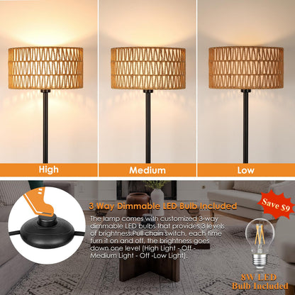Lampa de podea Qingmiao Rattan Boho LED 8W baza metalica neagra