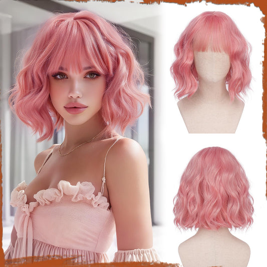 Peruca SOFEIYAN Bob Wavy Pink 30 cm, breton, fibra termorezistenta