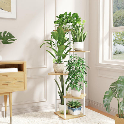 Suport plante Bamworld 5 niveluri alb metal si lemn 106.7 cm