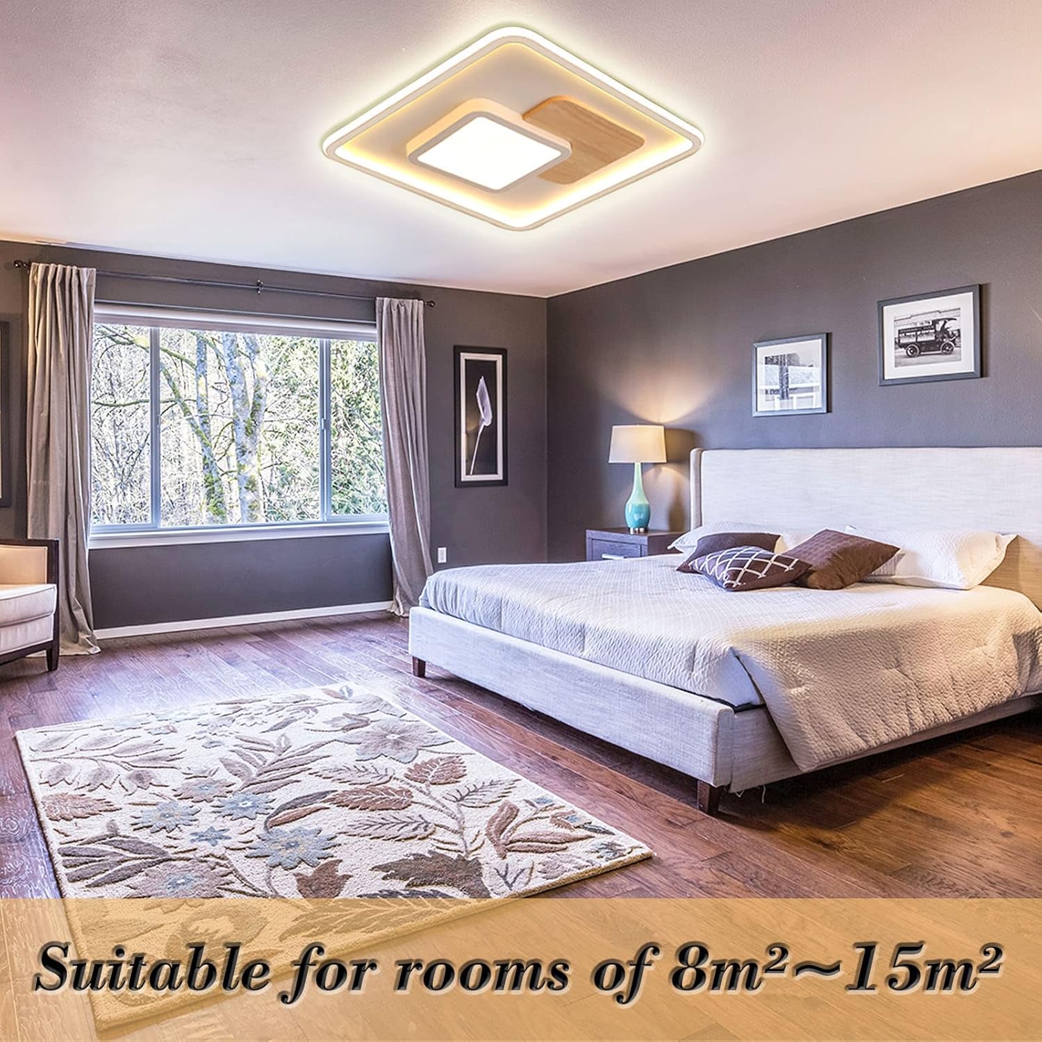 FitzMia Square LED Ceiling Light, Ceiling Light with Wood, Ceiling Lights Dimmable with Remote Control, Modern Round Wooden Ceiling Light for Bedroom, Children's Room, Kitchen (31.5x31.5 cm, 30 W)