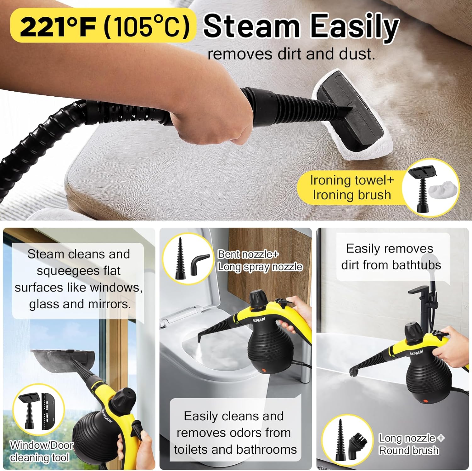 Handheld Steam Cleaner, Steam Cleaner, Cleaning Steamer, Portable Multi-Purpose Steam Cleaner with Safety Lock and 10 Piece Accessory Kit for Removing Dirt, Grease