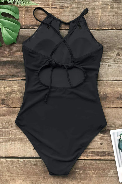 Costum de baie dama CUPSHE cu gat inalt, decupaje decorative si control al abdomenului, marimea L, negru