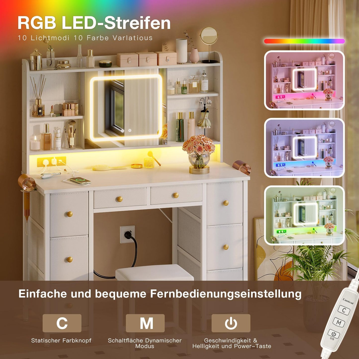 Masa de Toaleta ODK cu oglinda LED mobila, USB, RGB, 8 sertare
