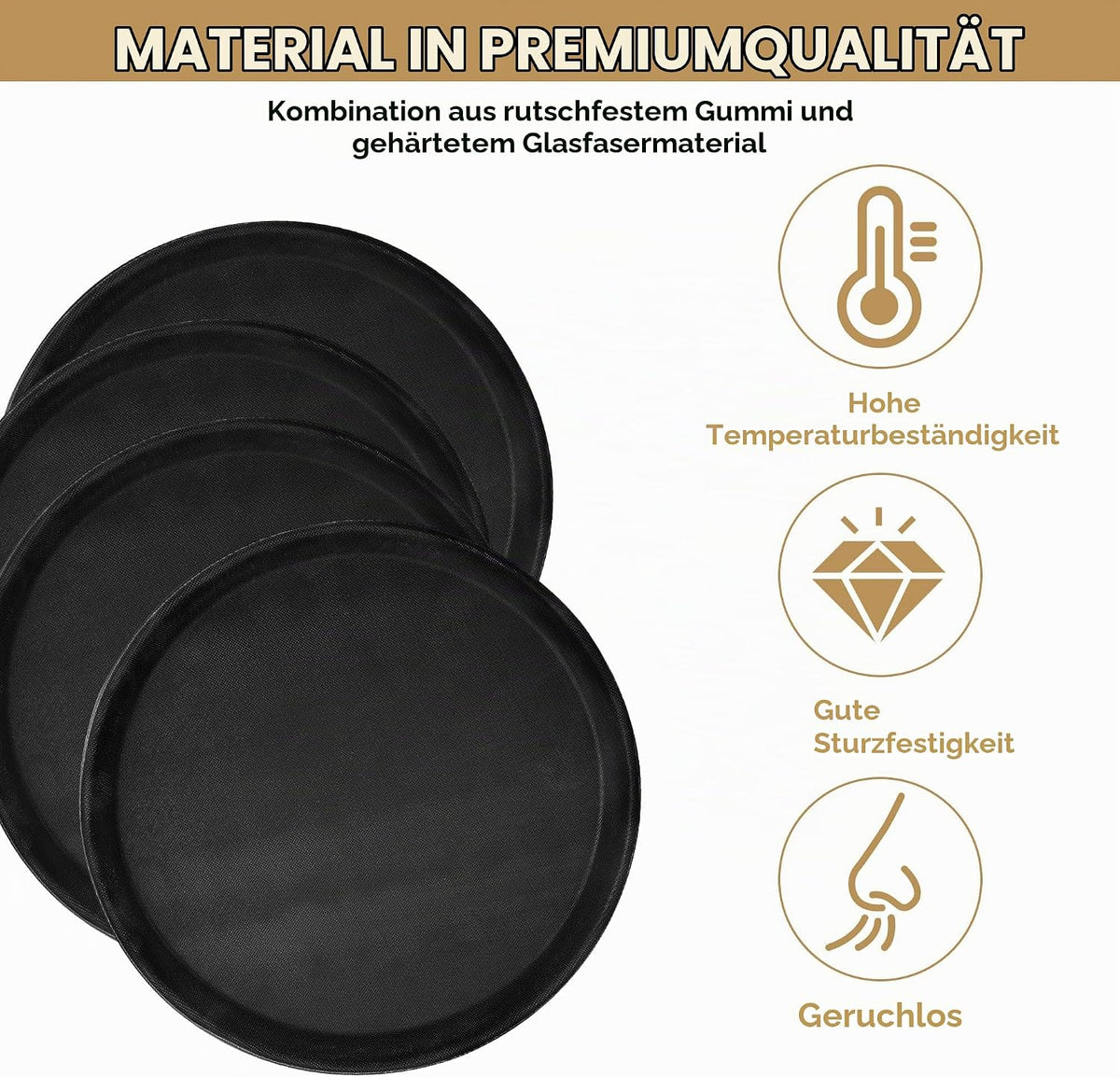 Set 4 tavi rotunde de servire antiderapante AZKEEGREY, 28 cm, marimea L, negre