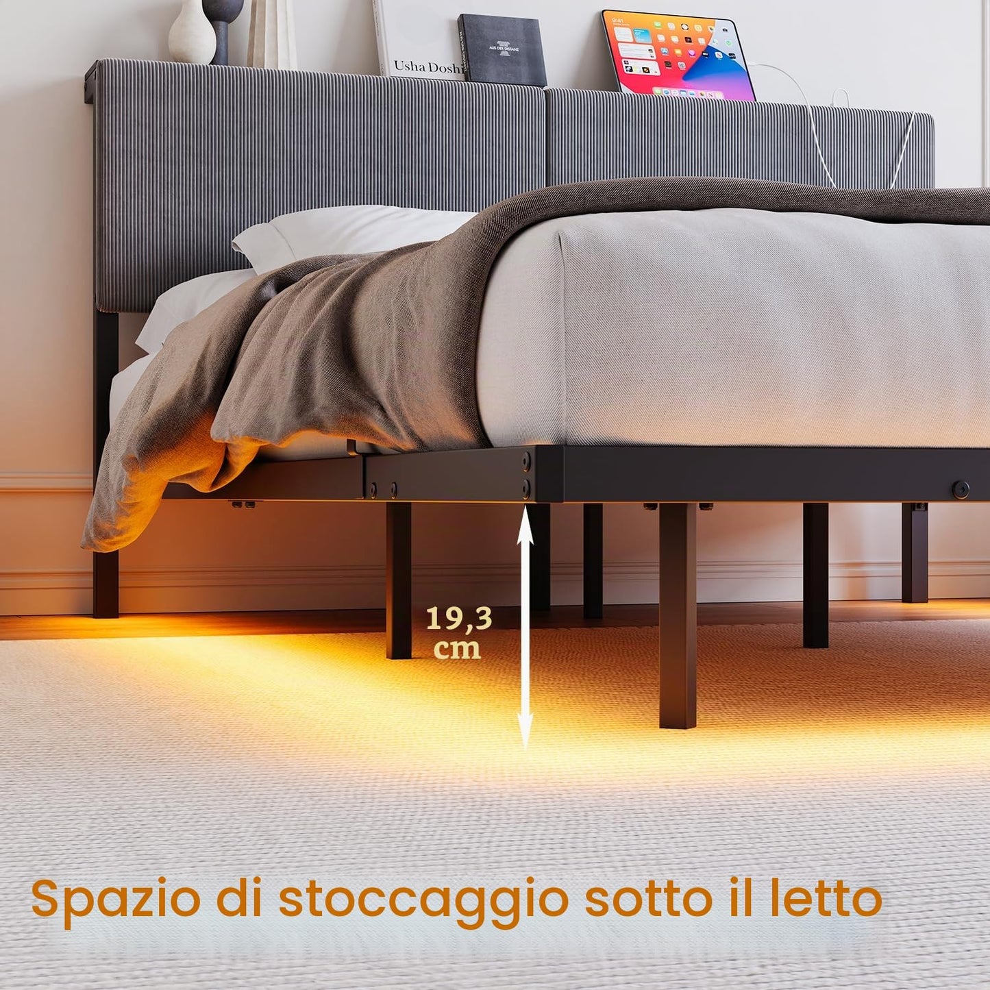 Pat HOMERECOMMEND 120 x 200 cm LED cu statie incarcare si depozitare
