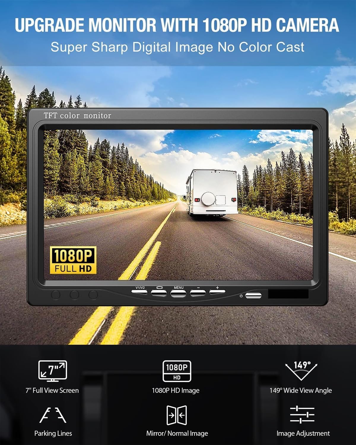 Retrocamera Camper Telecamera per Auto, Monitor LCD da 7" e Telecamera per Auto Kit, Impermeabile IP67 HD Visione Notturna con Linea di Ritardo di 15 m Sistema di Sensori di Parcheggio