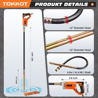 Vibrator electric TOKKOT pentru beton, 1300 W, tija de cupru 1,5 m