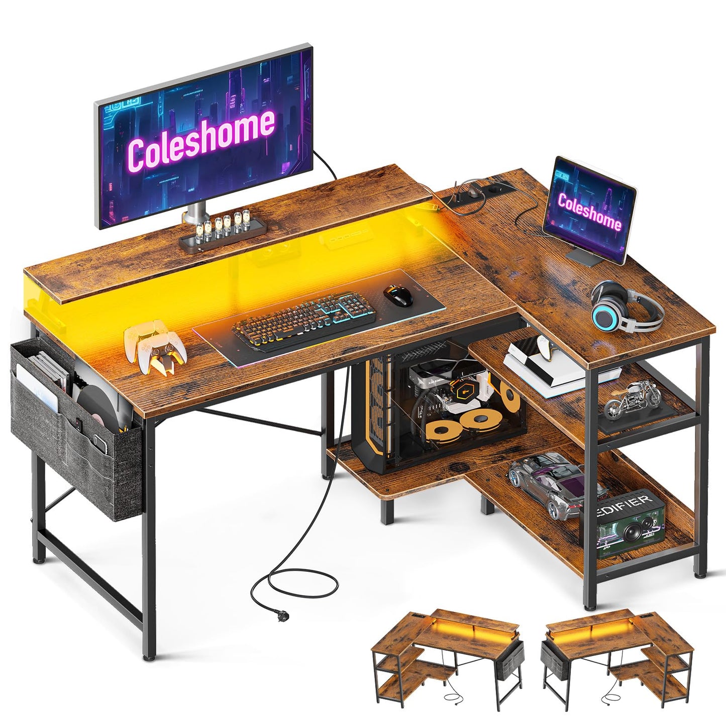 Birou gaming LED tip L 120x80 cm Coleshome, USB+duble prize, rafturi