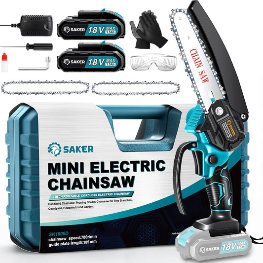 Saker Mini Kettensäge mit Akku 6 inch, kabellose elektrisch mit 2 Ketten und 2 Batterie, 15 cm mit Sicherheitstaste Einhand, Handkettensäge zum Schneiden von Äste und Garten
