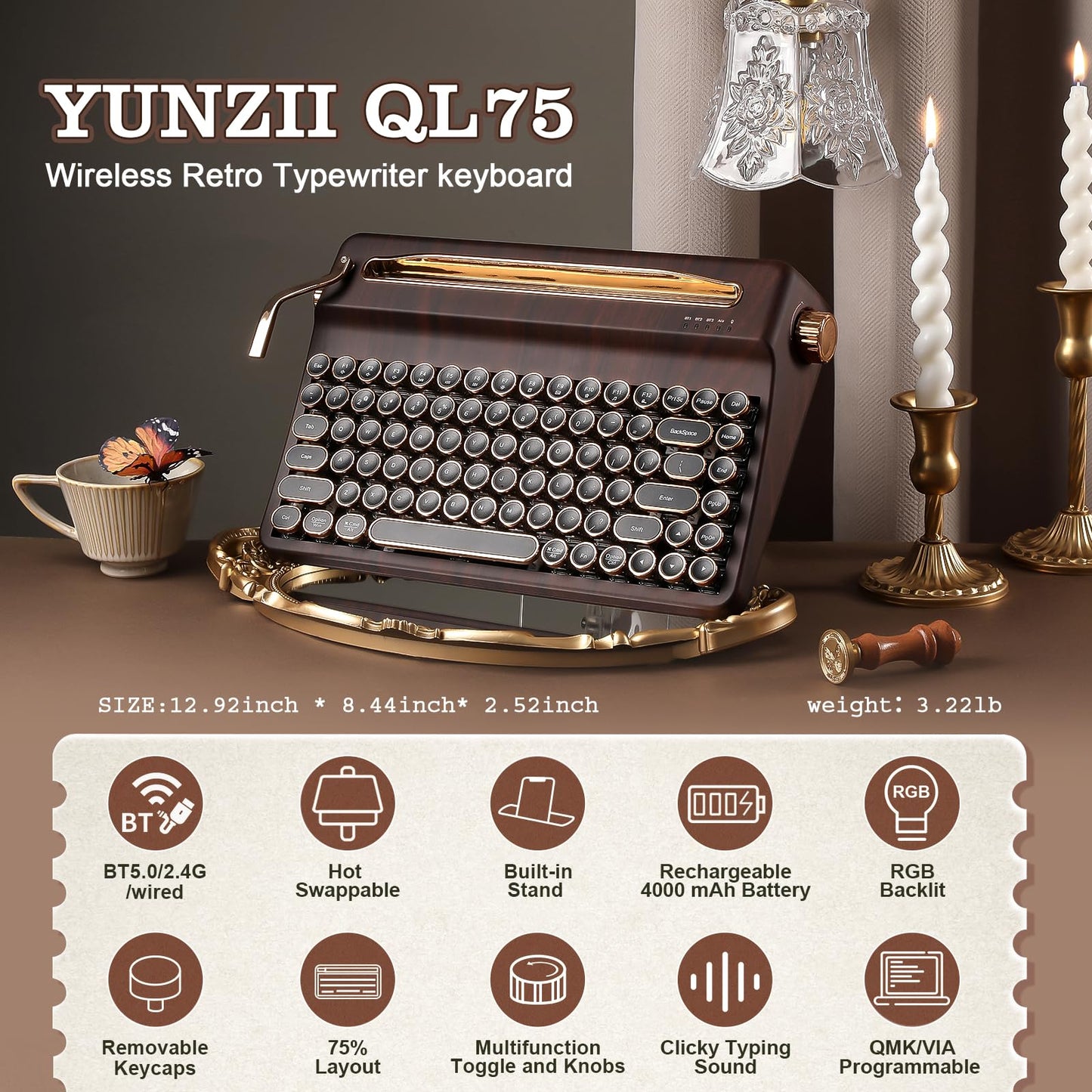 Tastatura YUNZII QL75 Retro Mecanic Wireless RGB 84 taste